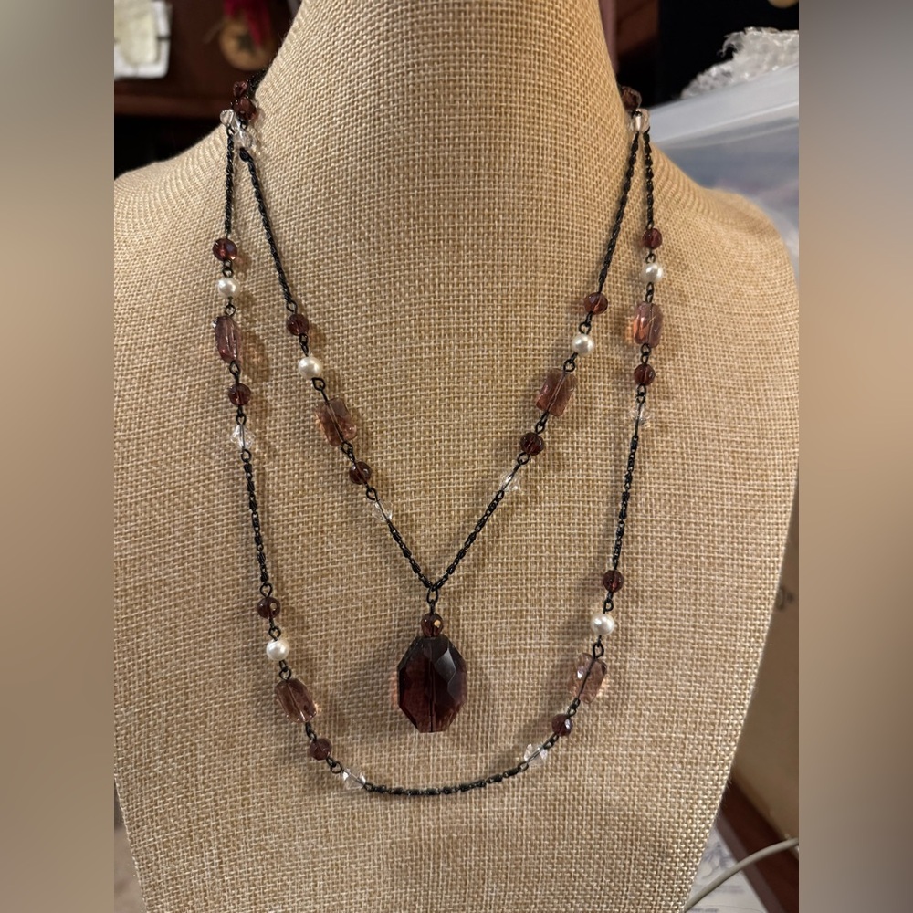 Vintage Beaded Double Chain Glass Purple Pendant Necklace 18"